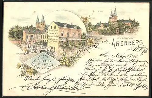 Lithographie Arenberg, Gasthaus zum Anker, Kirche