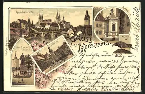 Lithographie Merseburg, Königliches Schloss, Schlosshof, Rabenhaus