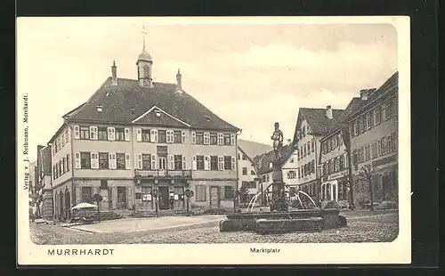 AK Murrhardt, Marktplatz mit Geschäften und Brunnen