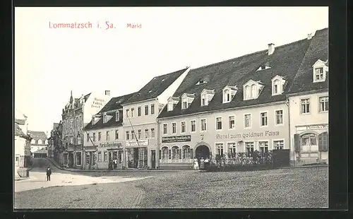 AK Lommatzsch / Sachsen, Hotel Zum goldenen Fass am Marktplatz