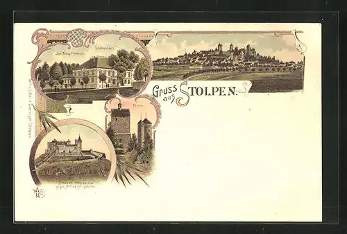 Lithographie Stolpen, Gasthaus Schützenhaus, Schloss Stolpen, Gesamtansicht
