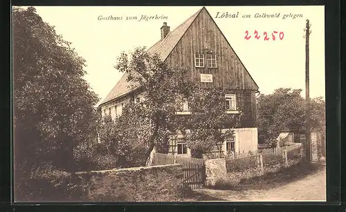 AK Löbsal, Gasthaus zum Jägerheim mit Obstgarten