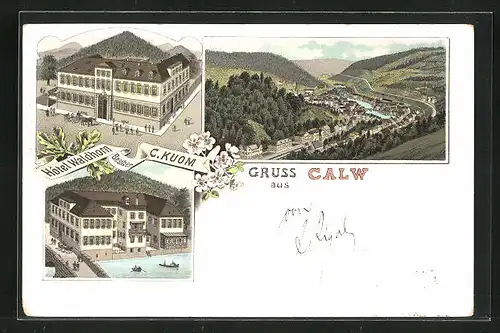 Lithographie Calw, Hotel Waldhorn, Totalansicht vom Berge mit Nagold
