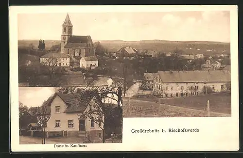 AK Grossdrebnitz /OT Bischofswerda, Donaths Kaufhaus, Totalansicht mit Kirche