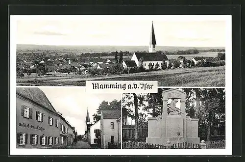 AK Mamming a.d. Isar, Gesamtansicht, Gasthof Hans E. Klein & Kriegerdenkmal