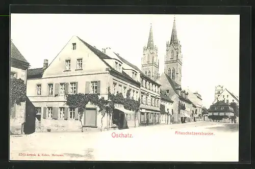 AK Oschatz, Altoschatzerstrasse mit Kirche