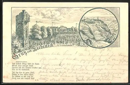 Vorläufer-Lithographie Cossebaude, 1895, Gasthaus Liebeneck, Ortsansicht von Westen