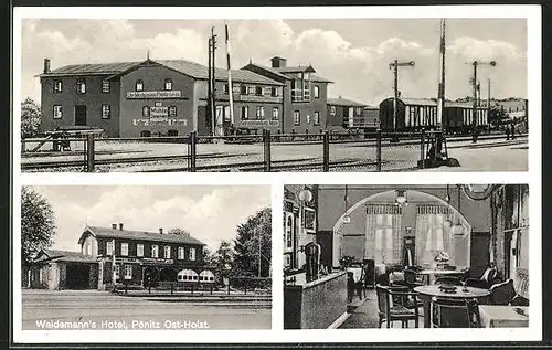 AK Pönitz, Hotel Weidemann, Bahnhof mit Bahnübergang