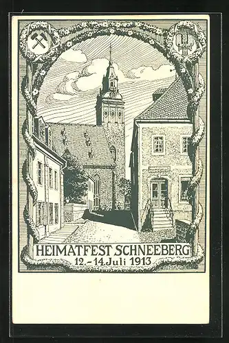 AK Schneeberg, Heimatfest 1913, Ortsansicht mit Kirche