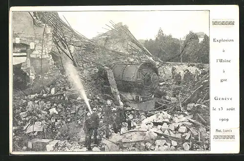 AK Genève, Explosion à l`Usine à gaz, le 23 Août 1909, Löscharbeiten nach Gasexplosion in einer Fabrik