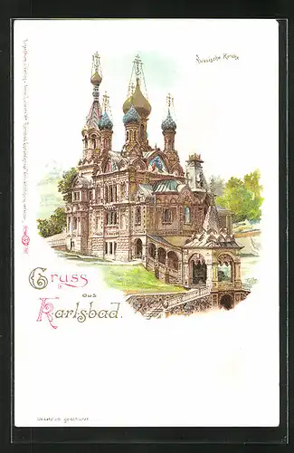 Lithographie Karlsbad, Vor der Russischen Kirche