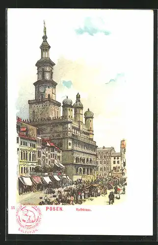 Künstler-AK Posen / Poznan, Händlerstände und Passanten am Rathaus