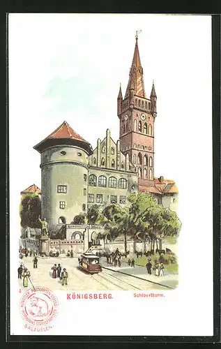 Künstler-AK Königsberg, Passanten und Strassenbahn am Schlossturm