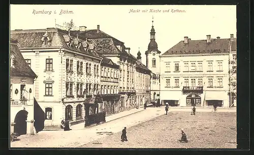 AK Rumburg / Rumburk, Markt mit Kirche und Rathaus