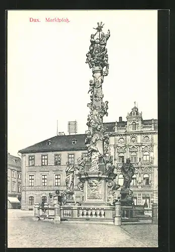 AK Dux / Duchcov, Marktplatz mit Denkmal