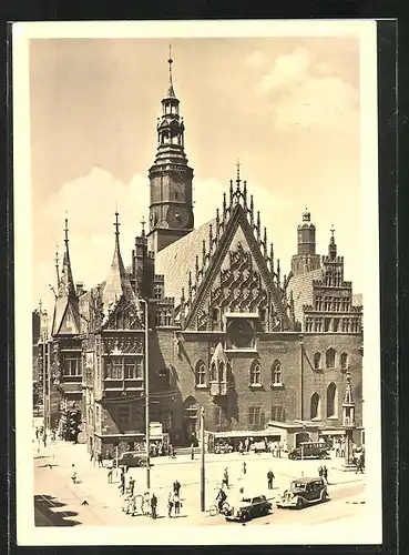 AK Breslau, Rathaus mit Automobilen