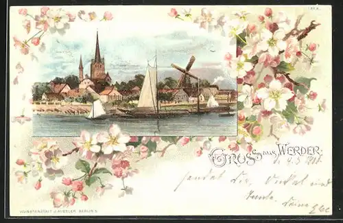 Lithographie Werder, Flusspartie mit Windmühle