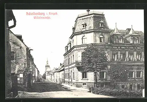AK Scheibenberg i. Erzgeb., Wilhelmstrasse mit Kirchturm