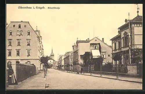 AK Olbernhau i. Erzgeb., Albertstrasse mit Kirchturm