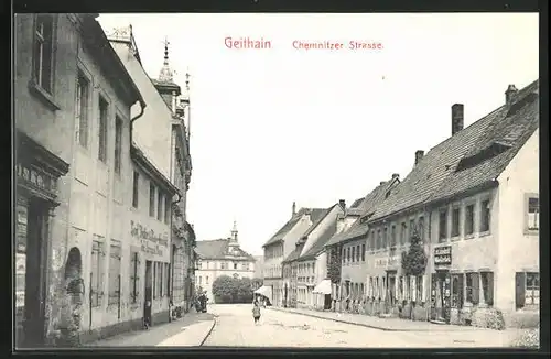 AK Geithain, Chemnitzer Strasse mit Kirche