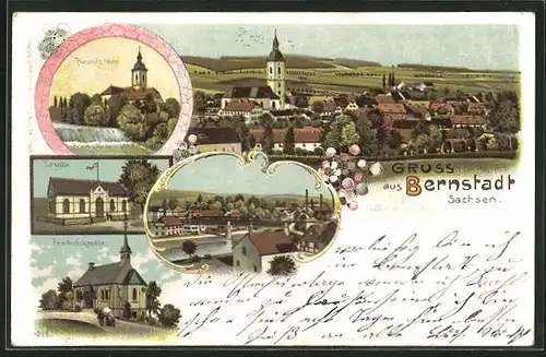 Lithographie Bernstadt i. Sa., Totalansicht, Pliessnitz-Wehr, Turnhalle, Friedhofkapelle