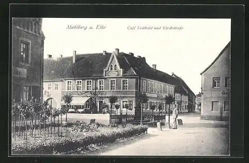 AK Mühlberg a. Elbe, Café Leithold und Kirchstrasse