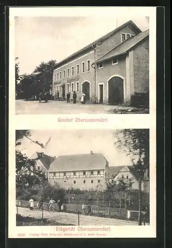 AK Obercunnersdorf, Gasthof, Erbgericht und Mann mit Fahrrad