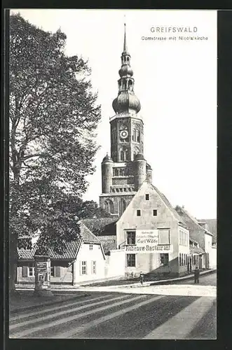 AK Greifswald, Domstrasse mit Rubenow-Restaurant, Nicolaikirche & Litfasssäule
