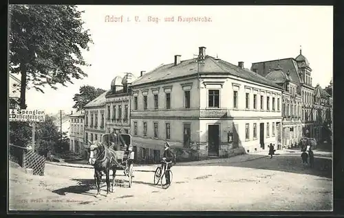 AK Adorf i. V., Burg- und Hauptstrasse mit Handlung und Pferdewagen