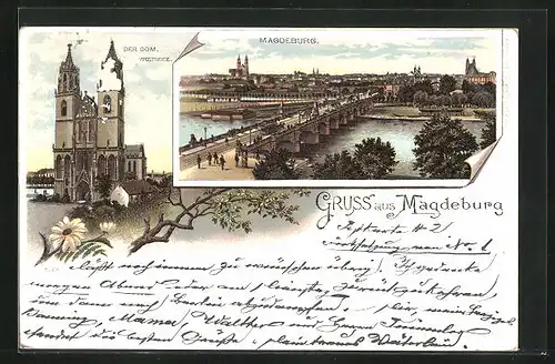 Lithographie Magdeburg, Teilansicht mit Brücke, Dom Westseite
