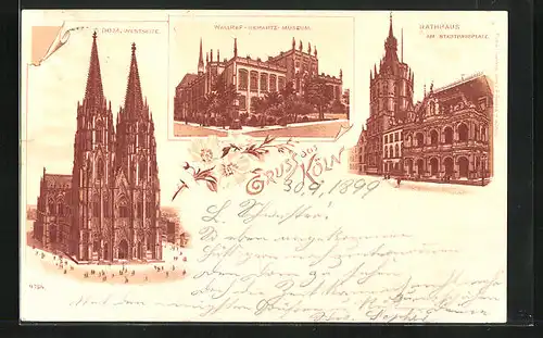 Lithographie Köln, Dom, Wallraf-Richartz-Museum, Rathaus
