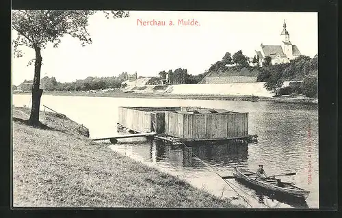 AK Nerchau a. Mulde, Flussbadeanstalt mit Kirche