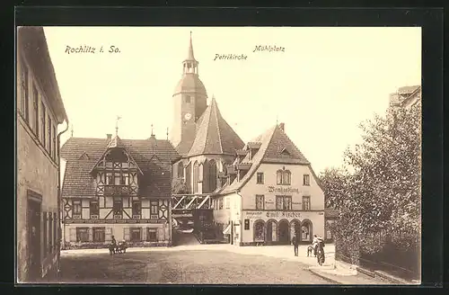 AK Rochlitz i. Sa., Petrikirche, Weinhandlung Emil Fischer am Mühlplatz