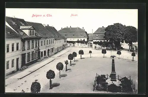 AK Belgern a. Elbe, Apotheke und Denkmal am Marktplatz