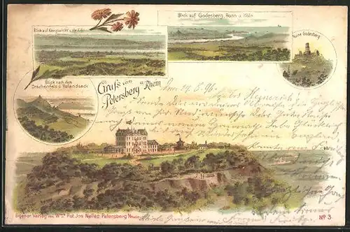 Lithographie Petersberg a. Rh., Hotel auf dem Petersberg, Ruine Godesberg, Blicknach dem Drachenfels und Rolandseck