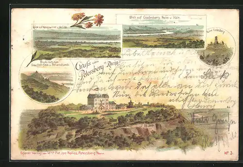 Lithographie Petersberg a. Rh., Hotel auf dem Petersberg, Ruine Godesberg, Blick nach dem Drachenfels und Rolandseck