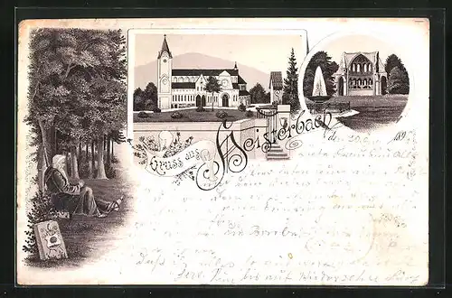 Lithographie Heisterbach, Klosterruine, Mönch sitzt am Wegesrand