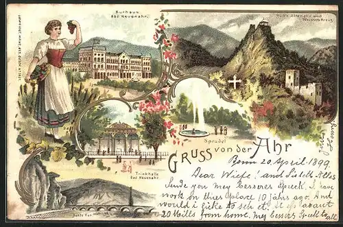 Lithographie Bad Neuenahr, Kurhaus, Trinkhalle und Sprudel im Kurort, Ruine Altenahr und Weisses Kreuz