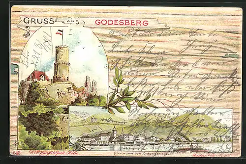 Lithographie Godesberg, Panorama vom Siebengebirge, Ruine Godesberg