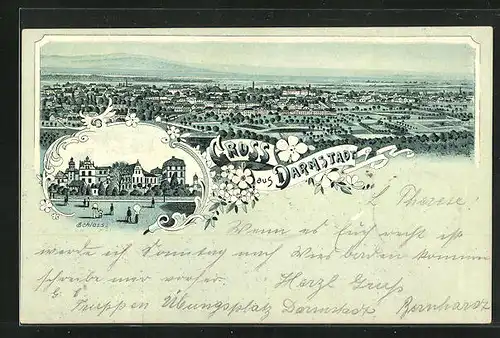 Lithographie Darmstadt, Schloss und Totalansicht der Stadt