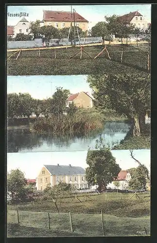 AK Neuseusslitz, Ortspartien mit Teich und Wohnhäusern