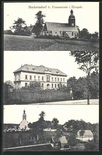 AK Burkersdorf b. Frauenstein i. Erzgeb., Kirche, Ortspartie