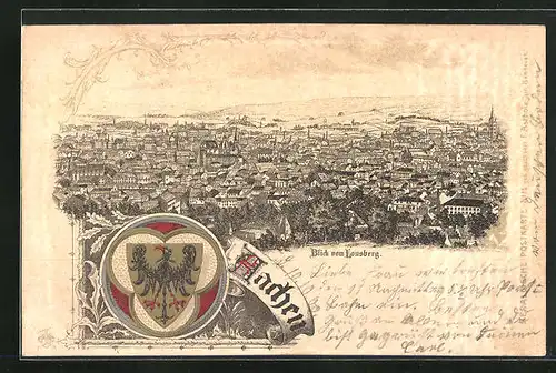 Lithographie Aachen, Totalansicht vom Lousberg aus, Stadtwappen