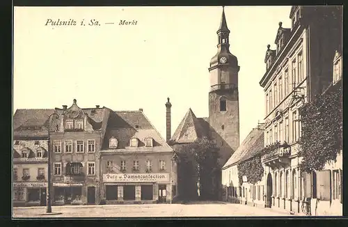 AK Pulsnitz i. Sa., Hotel Grauer Wolf, Markt und Kirche