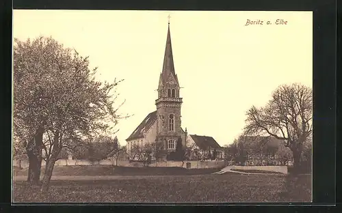 AK Boritz / Elbe, Blick zur Kirche von der Parkseite