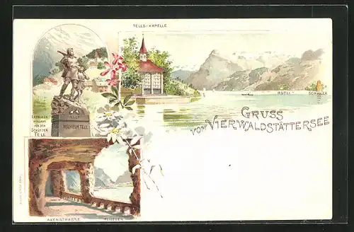 Lithographie Sisikon, Axenstrasse mit Flüelen, Vierwaldstättersee, Tells-Kapelle