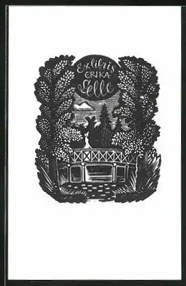 Exlibris Erika Selle, Frau im weissen Kleid auf einer Brücke mit Fluss in der Nacht