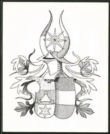 Exlibris Wappen mit Ritterhelm, Hörner und Sterne