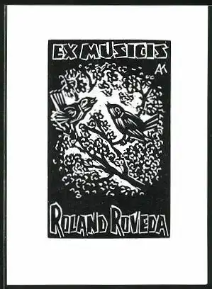 Exlibris Roland Roveda, Vögel auf einem Baum