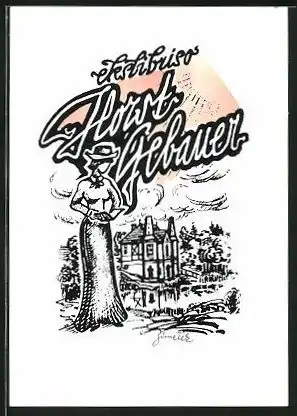 Exlibris Horst Gebauer, Frau im Kleid am Lesen mit Haus im Hintergrund